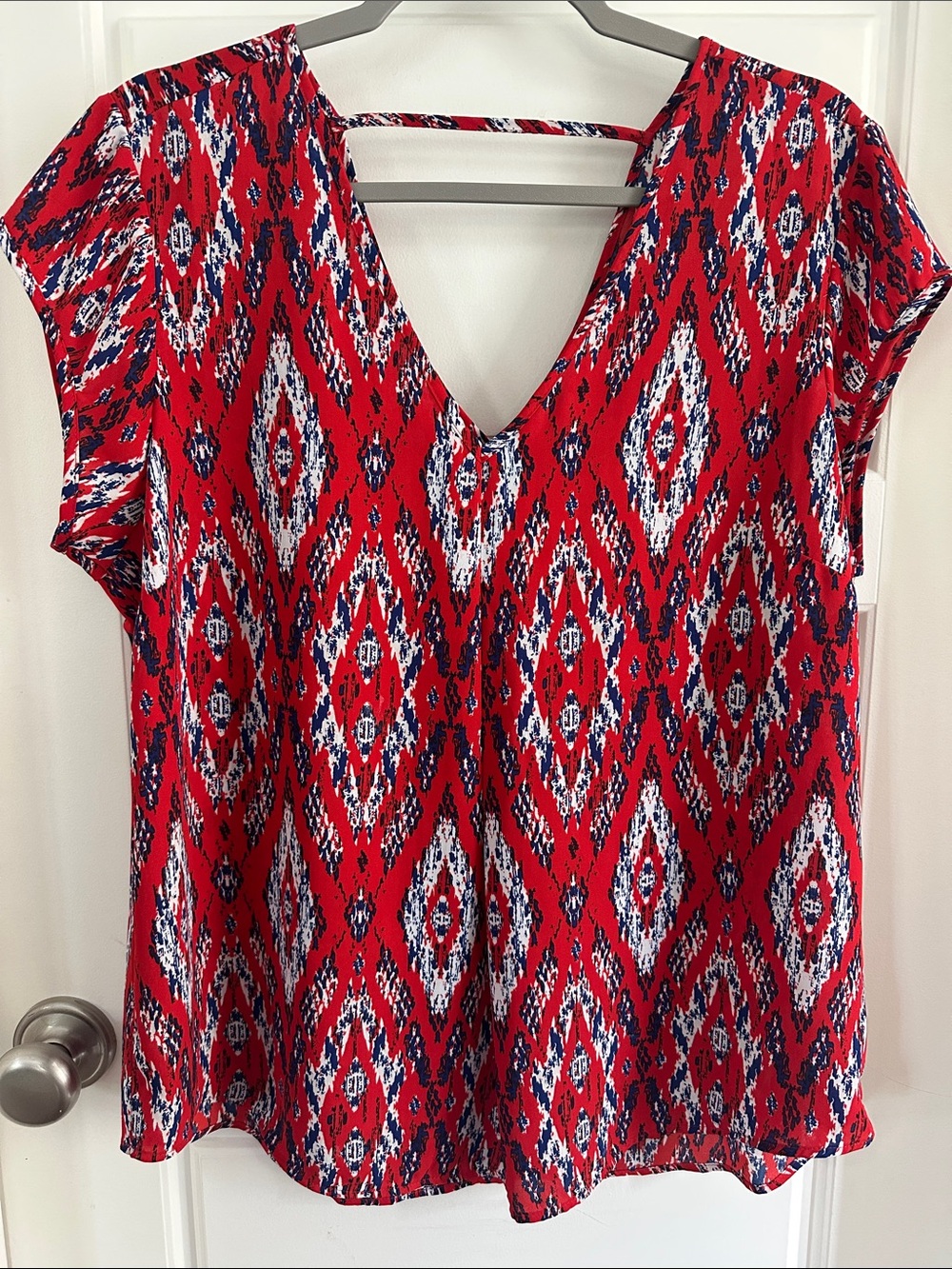 DR2 Red Ikat V-Neck Cap Sleeve Blouse